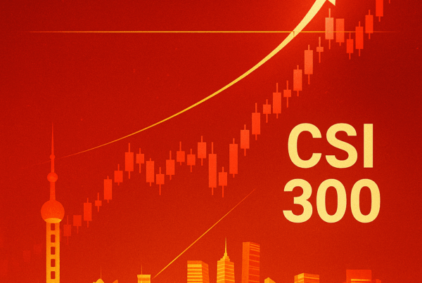 Shanghai skyline with CSI 300 bull market chart