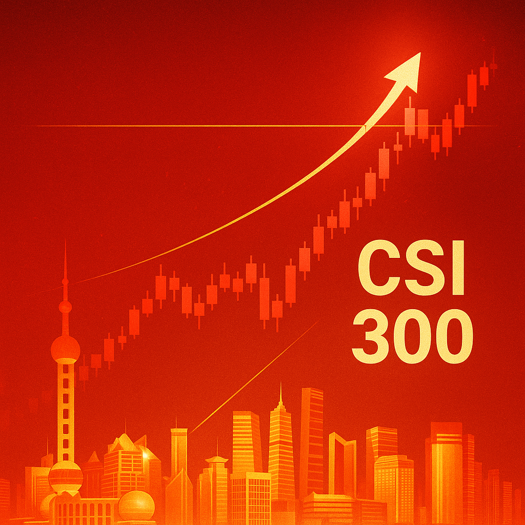 Shanghai skyline with CSI 300 bull market chart