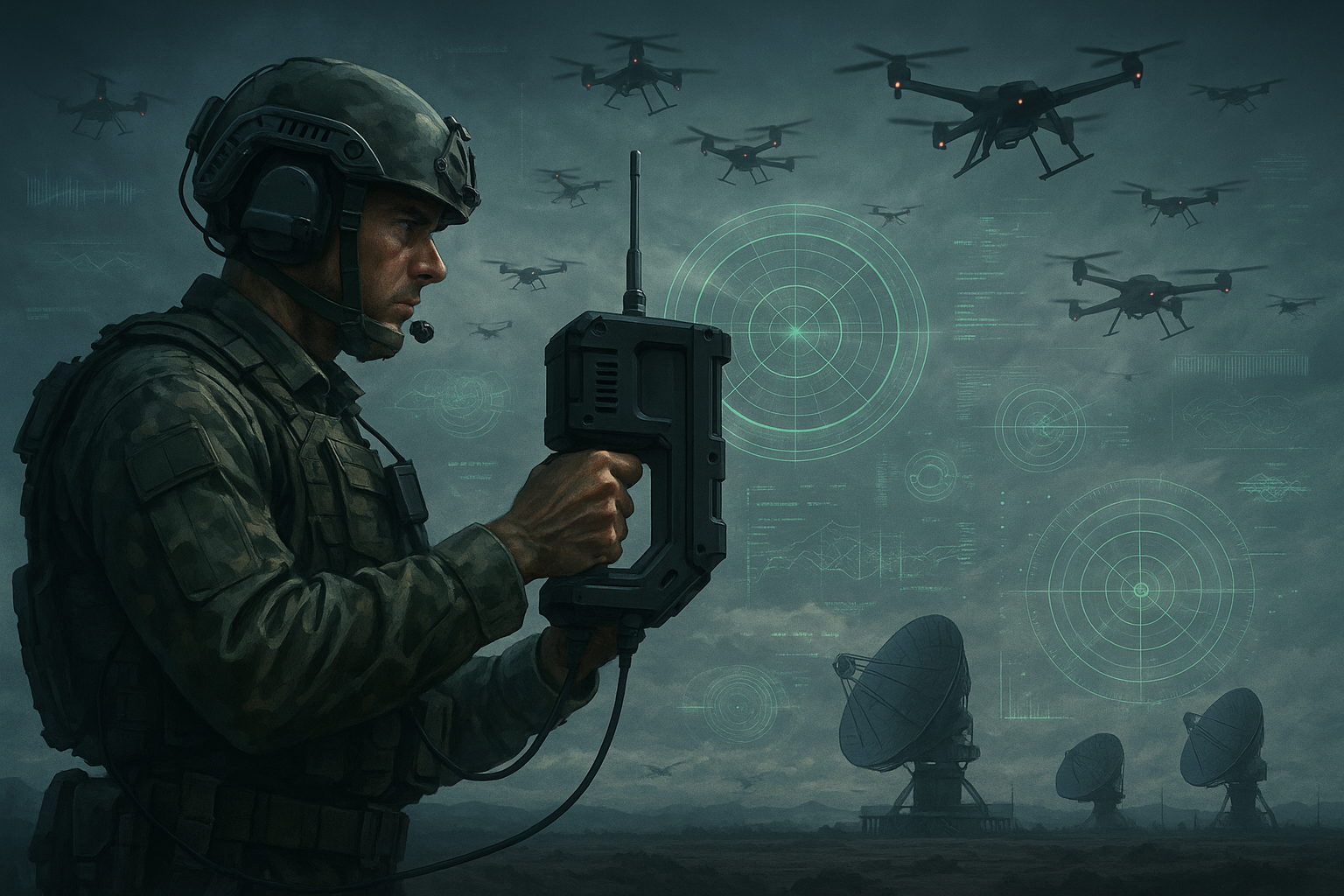A high-tech military scene showing a soldier using a handheld counter-drone device as drones swarm above. In the background, multiple radar systems and digital defence graphics overlay the landscape. Tone: futuristic, serious, defence-focused.