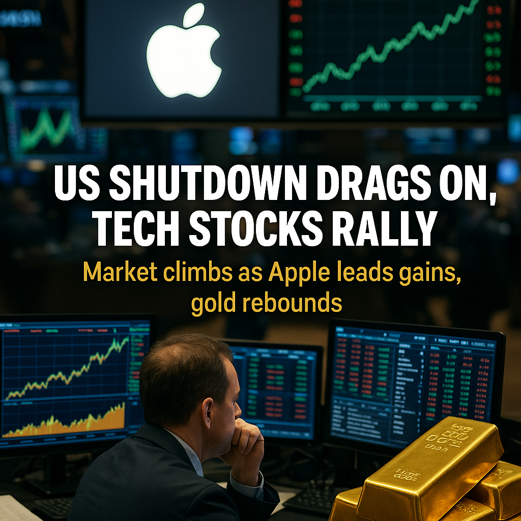 Stock market trading floor with rising charts, Apple logo glowing, and gold bars symbolising market rebound amid US shutdown.