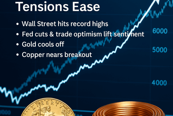 Wall Street chart showing record highs with gold and copper price overlays symbolizing market rotation and trade optimism.