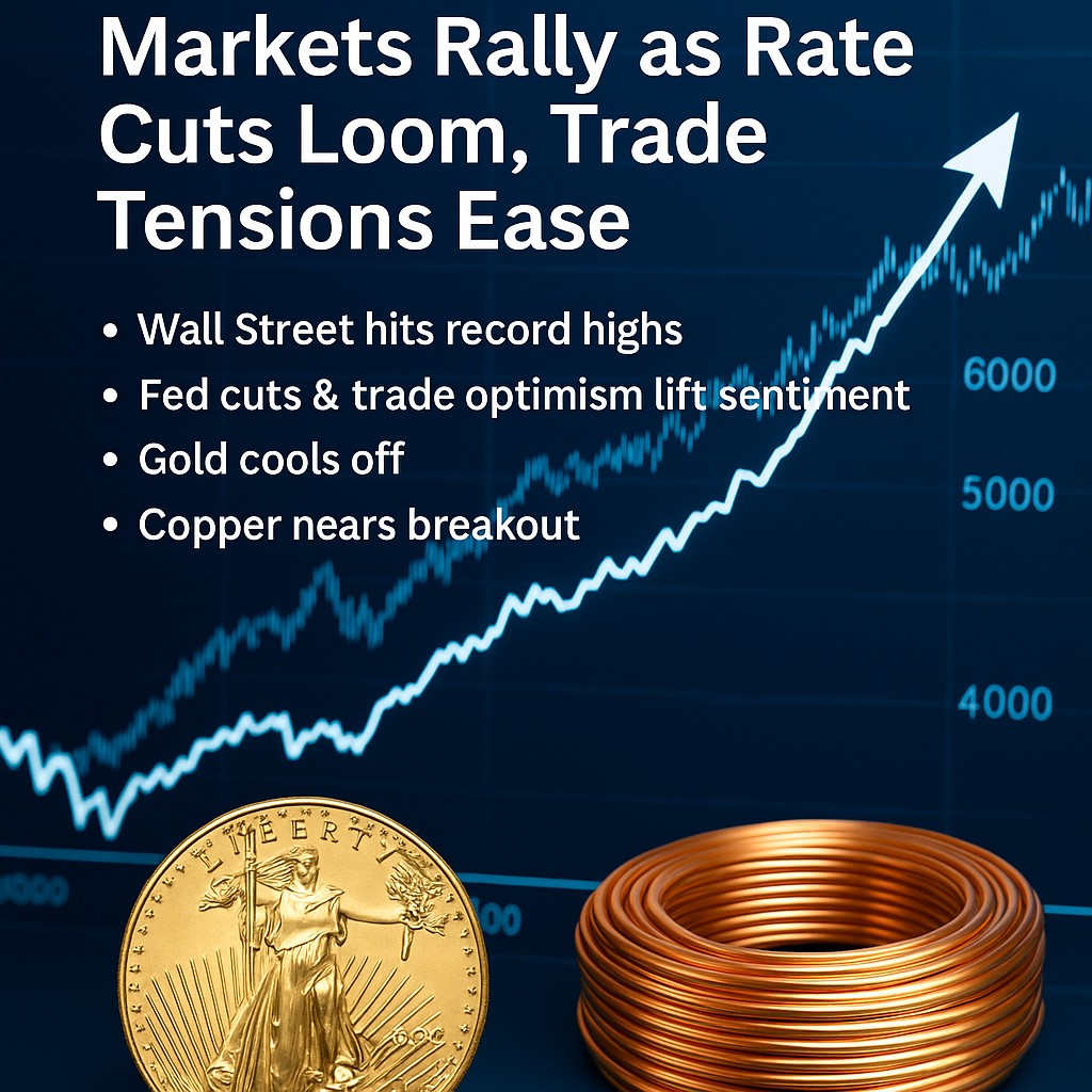 Wall Street chart showing record highs with gold and copper price overlays symbolizing market rotation and trade optimism.