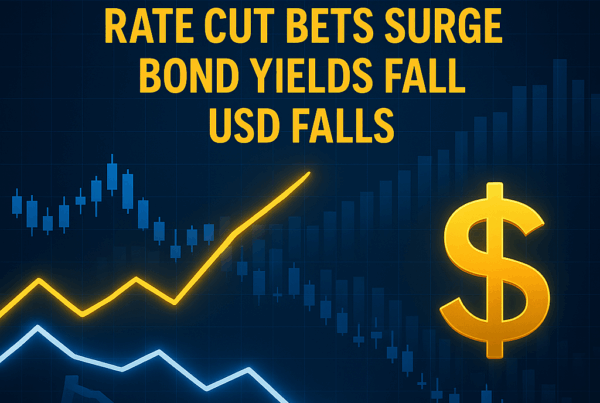 Financial chart showing rising US stock indexes as bond yields and the US dollar decline.